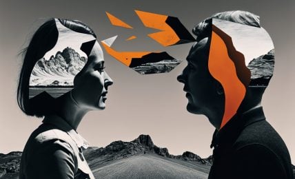 An abstract photo, representing linguistic relativism, of two people facing each other with geometric shapes between them