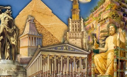 A collage of seven different historical and architectural landmarks, the wonders of the ancient world, including the Great Pyramid of Giza, the Hanging Gardens of Babylon, and the Lighthouse of Alexandria.