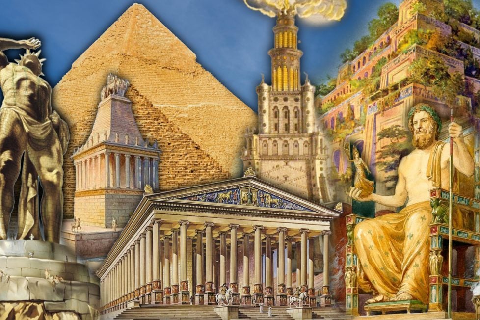 A collage of seven different historical and architectural landmarks, the wonders of the ancient world, including the Great Pyramid of Giza, the Hanging Gardens of Babylon, and the Lighthouse of Alexandria.