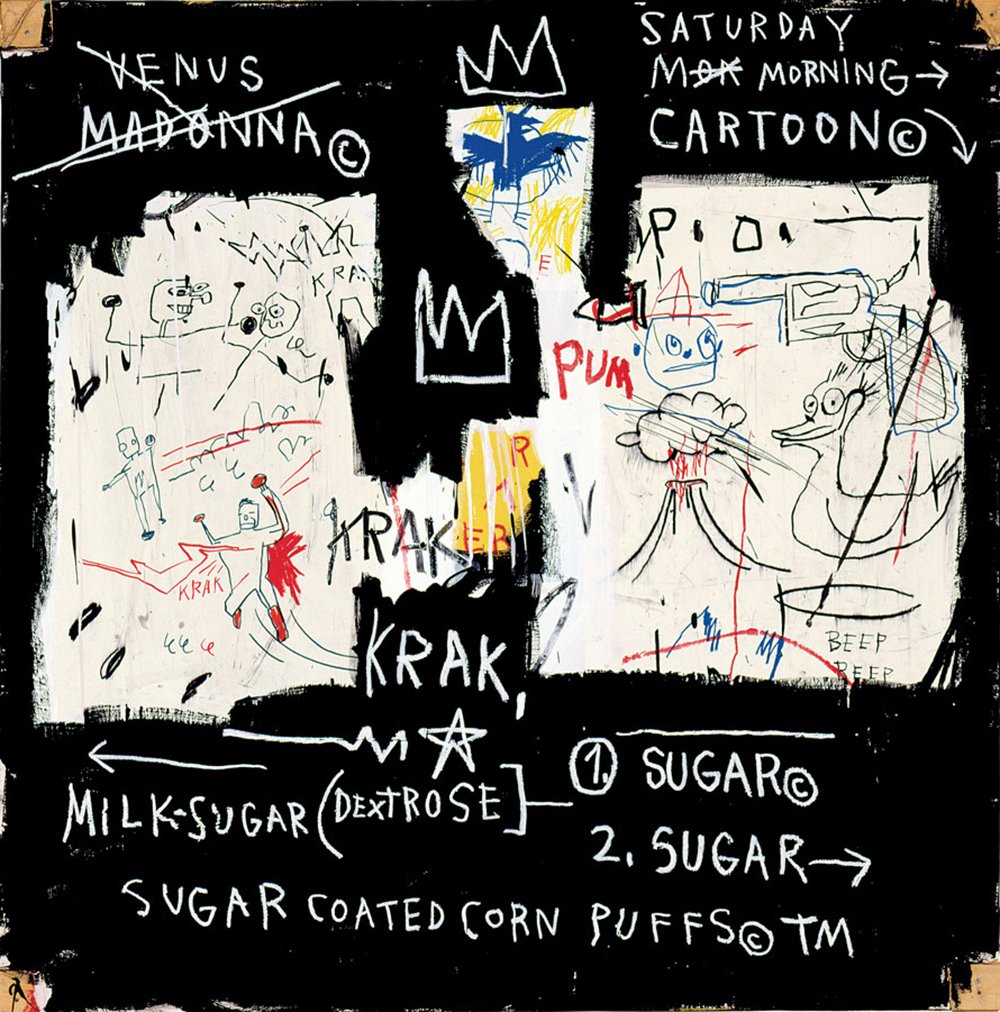 An abstract mixed-media painting, primarily in black and white, featuring an eclectic mix of stick figures representing Madonna and Suzanne Mallouk, names, arrows, and symbols including a crown.