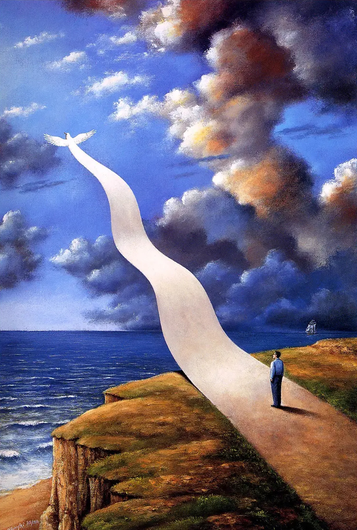 A painting of a man in a blue suit standing on the edge of a cliff, facing a giant white ribbon that curves from the ground to the sky. The ribbon has a small bird sitting on its end, high above the clouds. The painting has a surreal and dreamlike atmosphere, with a colorful sky and an ocean in the distance.