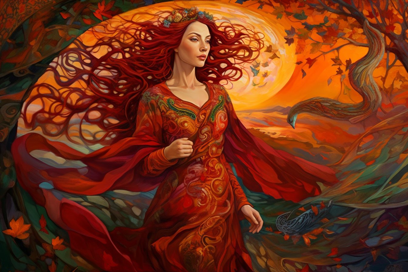 Aine the Celtic goddess of joy, depicted with red flowing hair