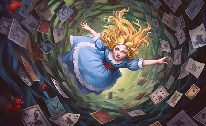 An illustration of a young girl falling down a tunnel, with playing cards all around her.
