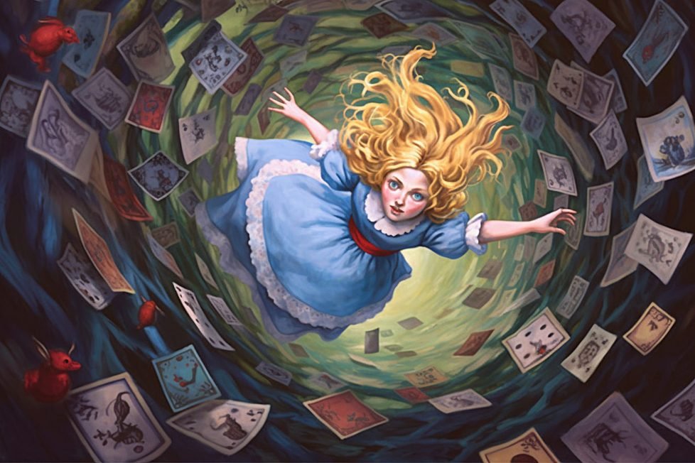 An illustration of a young girl falling down a tunnel, with playing cards all around her.