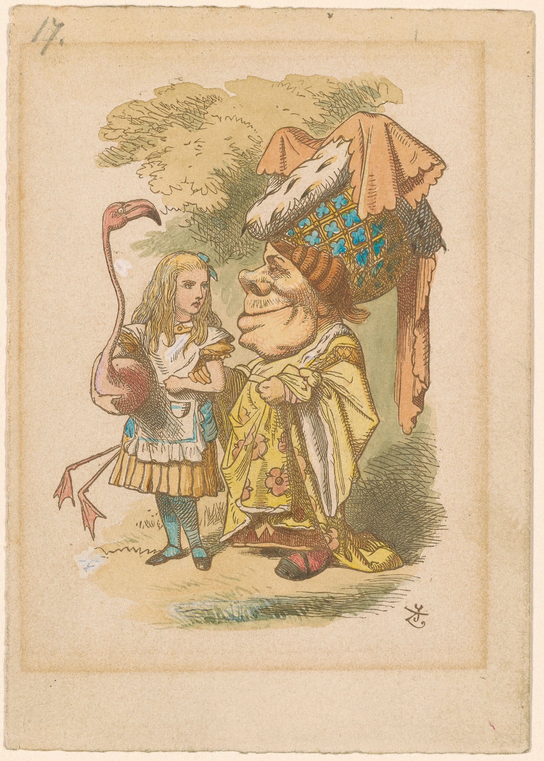 A book illustration showing Alice as a young child with a pink flamingo in hand and a large headed, short, oddly dressed man standing next to her.