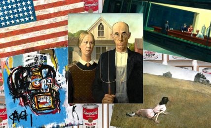 A collage of famous American paintings, including Skull by Jean-Michel Basquiat, American Gothic by Grant Wood and Nighthawks by Edward Hopper.