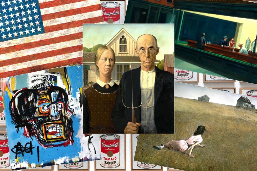 A collage of famous American paintings, including Skull by Jean-Michel Basquiat, American Gothic by Grant Wood and Nighthawks by Edward Hopper.