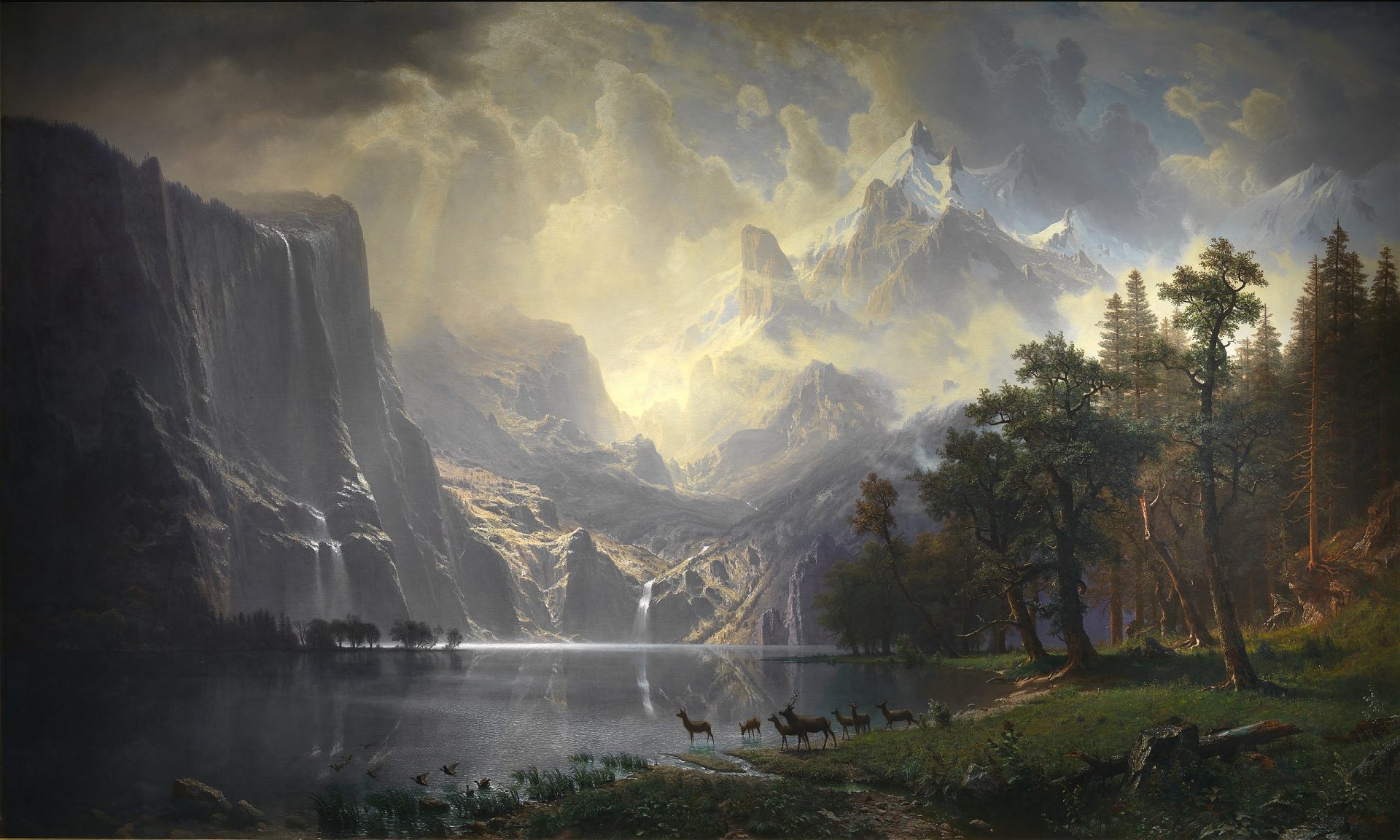 Painting featuring rugged mountains under a bright sky with sun rays piercing the clouds, a serene lake with deer and waterfowl by the edge, and a forest on the right. There's a barely visible single trout in the shadowy water on the left.