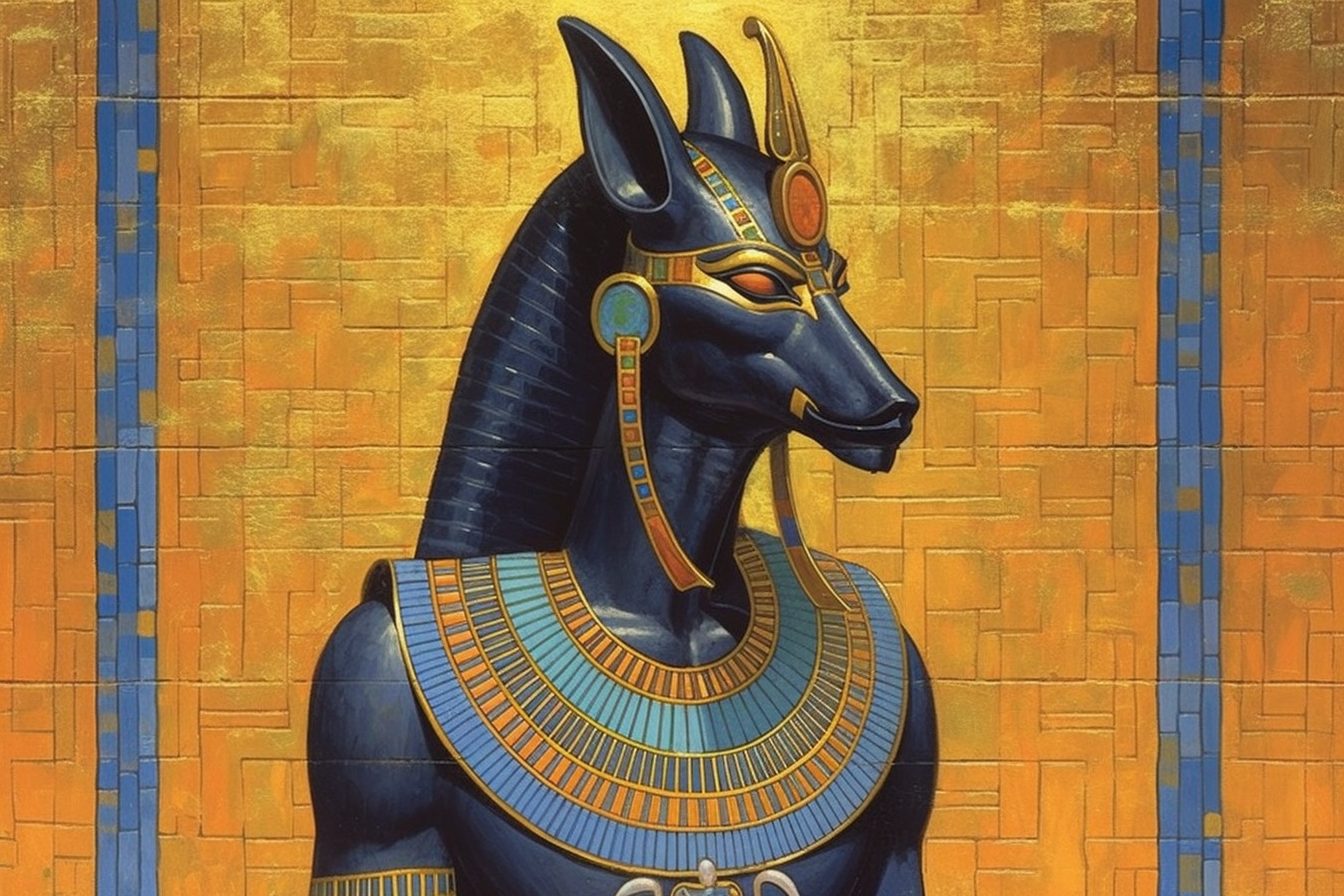 An illustration of Anubis in a fantasy ancient Egyptian style.