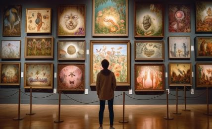 A person looking at a gallery wall covered in paintings of all shapes and sizes.