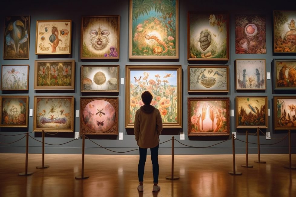 A person looking at a gallery wall covered in paintings of all shapes and sizes.