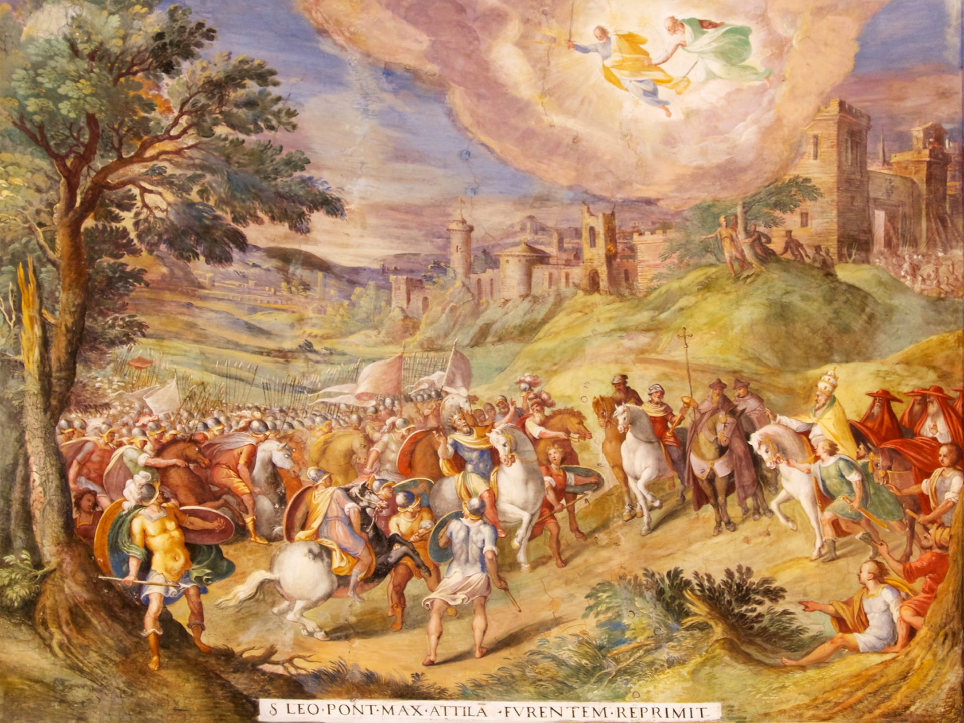 A painting of a historical meeting between Attila the Hun and Pope Leo I in the fifth century. The painting shows Attila on a white horse leading his army of horsemen, who are holding a banner with a bird symbol. Pope Leo I is on a brown horse leading his army of foot soldiers, who are holding a banner with a lion symbol. The two leaders are facing each other in the center of the painting, while their armies are on the sides. The painting has a hilly landscape with a castle in the background, and a cloudy sky with two angels hovering above. The painting is titled “Leo Pont Max Attila Fvrentinum Reprimiit” and is signed by the artist.