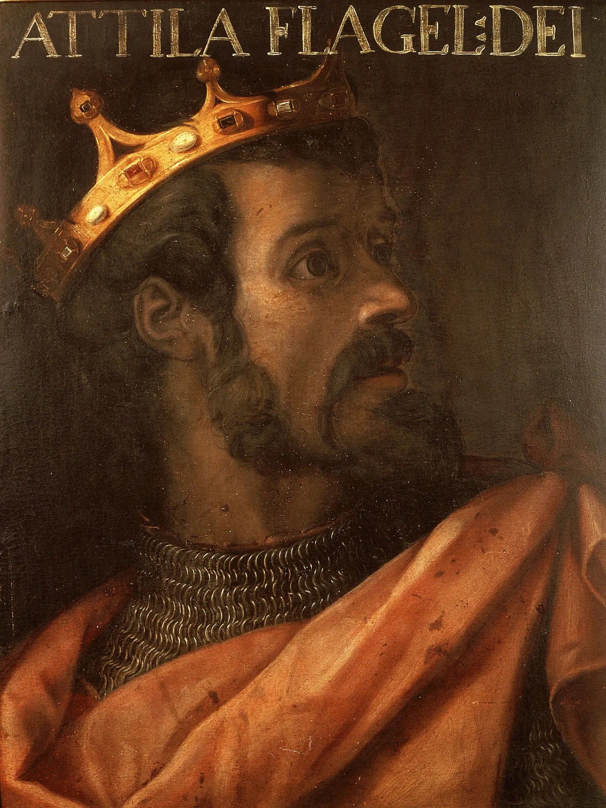 A painting of a crowned Attila in a red robe and the name “ATTILA FLAGELDEI” in gold letters.