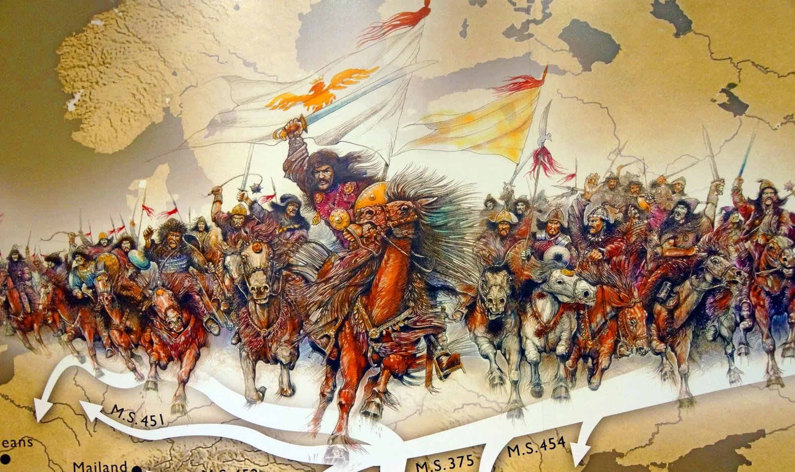 A painting of a group of warriors on horseback, with Attila the Hun in the front, riding across a map of Europe and Asia, with labels for different locations and dates.