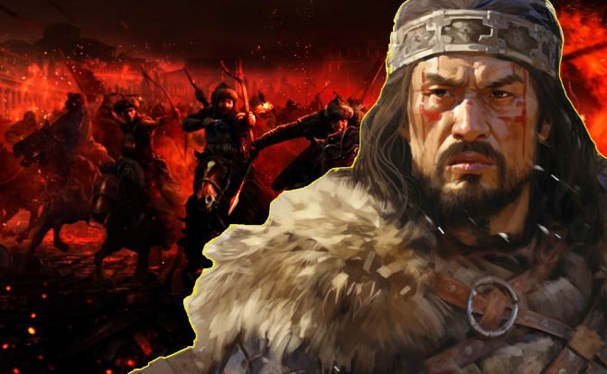 A collage of the face of Attila the Hun, superimposed over a scene of Hunnic warriors attacking and burning a Roman city.