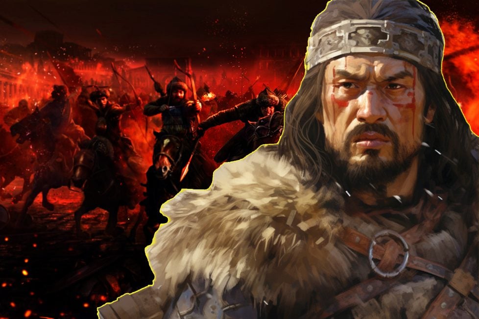 A collage of the face of Attila the Hun, superimposed over a scene of Hunnic warriors attacking and burning a Roman city.