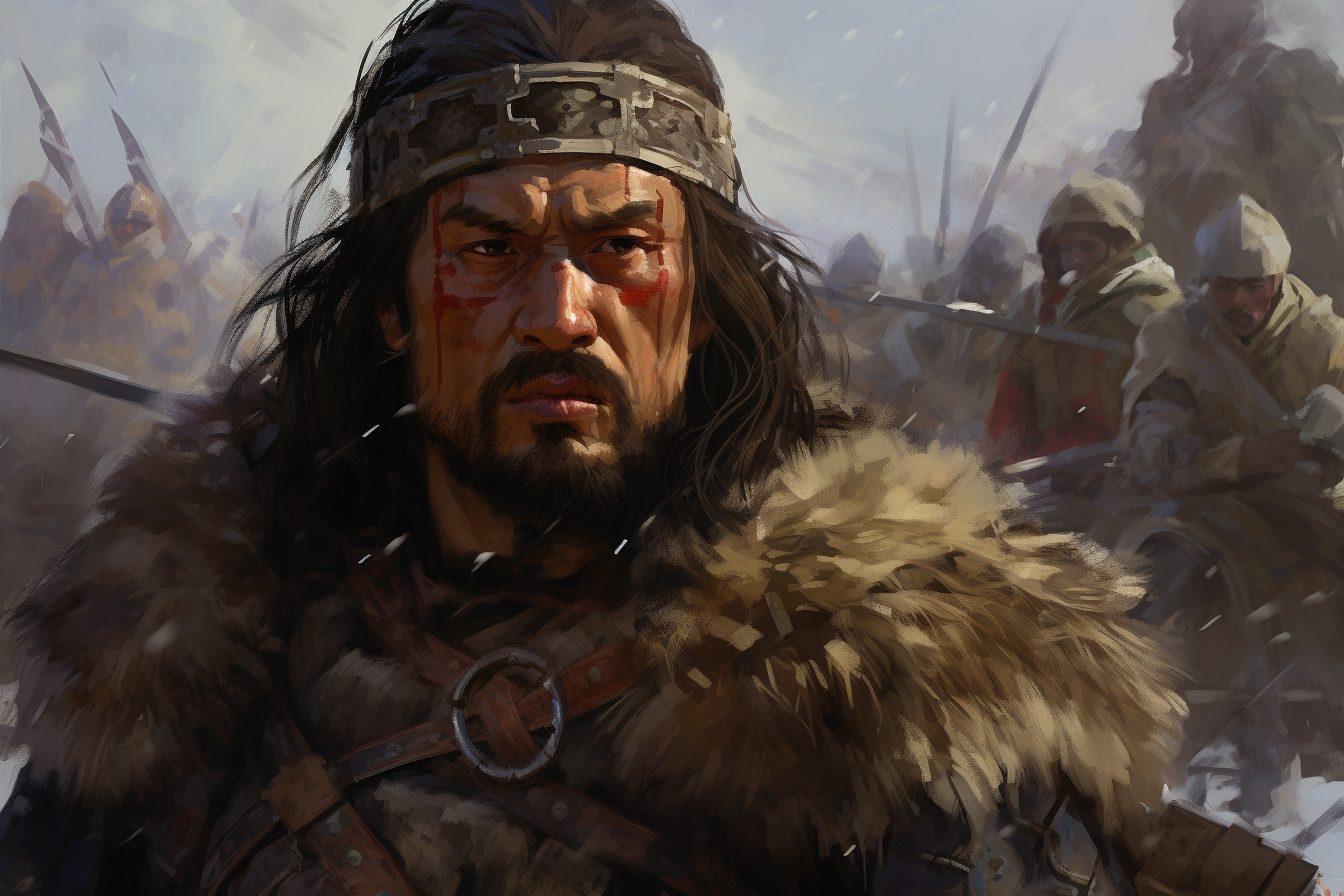 A digital painting of a group of warriors in a snowy landscape. The main subject is a warrior in the foreground, who appears to be Attila the Hun. The warrior is wearing a fur cloak and carrying a sword. In the background, there are other warriors carrying spears and shields. The background also includes a snowy landscape with mountains in the distance. The overall mood of the image is tense and battle-ready.