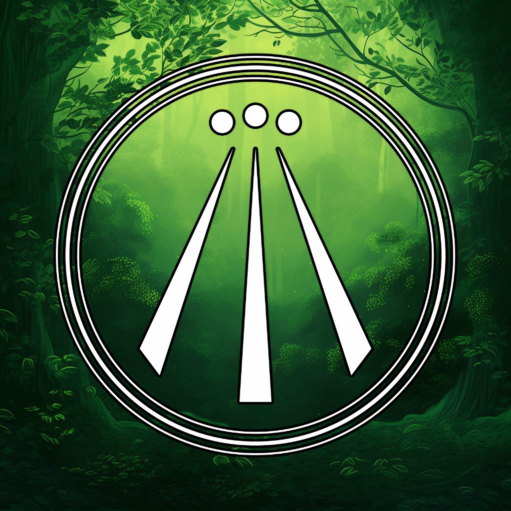 Awen symbol - a circle with three vertical lines inside it, each with a dot above them, representing the Celtic word for inspiration, set against a green forest background.