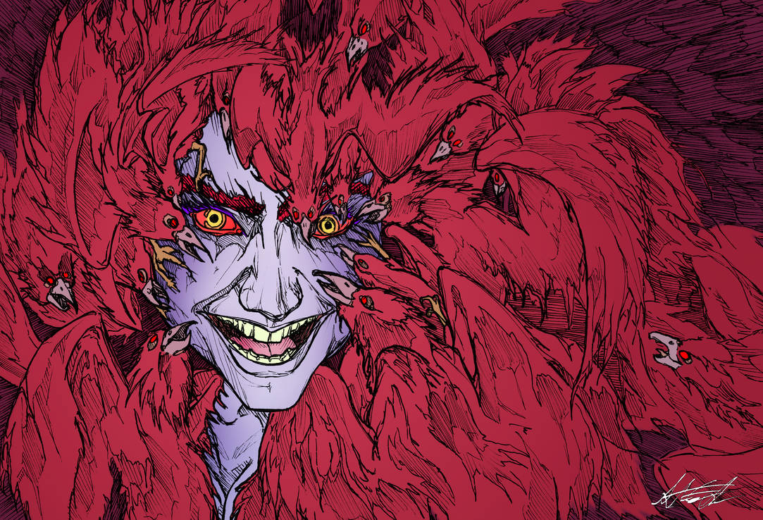 A digital illustration of a demonic figure with red birds swarming around her. The figure has a pale face with red eyes and a wide grin with sharp teeth. The background is a dark purple pattern.