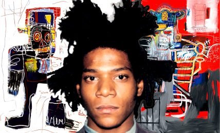 A collage that combines abstract and figurative elements, with Jean-Michel Basquiat's portrait in the center. He is wearing his signature hair style. The background is white with red and black lines and shapes. On the left and right sides of the painting, there are two figures that have blue and yellow faces and red and black bodies. The figures have distorted proportions and expressions.