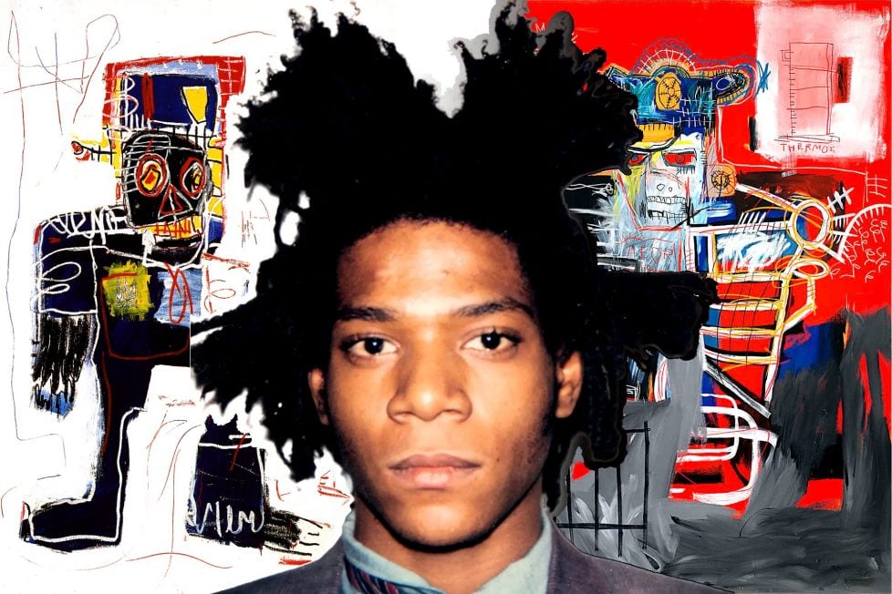 A collage that combines abstract and figurative elements, with Jean-Michel Basquiat's portrait in the center. He is wearing his signature hair style. The background is white with red and black lines and shapes. On the left and right sides of the painting, there are two figures that have blue and yellow faces and red and black bodies. The figures have distorted proportions and expressions.