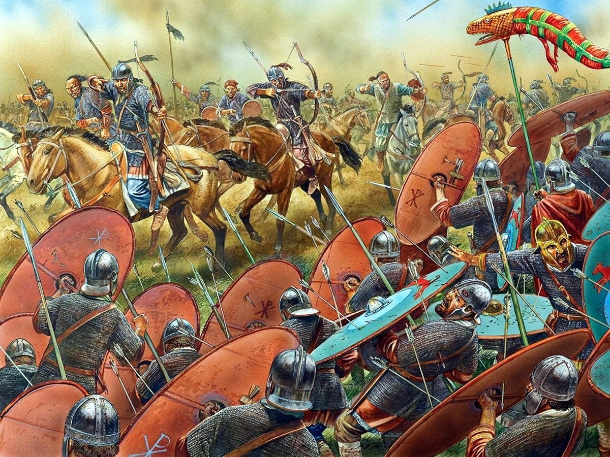 An illustration of a battle scene depicting a fierce clash between two armies with different symbols on their red and blue shields. The soldiers are wearing metal armor and helmets, and are fighting with swords, axes, spears, and bows. Some of them are mounted on horses, while others are on foot. The scene is set in a green field with trees and hills in the horizon. The sky is overcast and there are several flags and banners waving in the wind. The illustration shows a lot of detail and movement, and creates a sense of drama and violence.