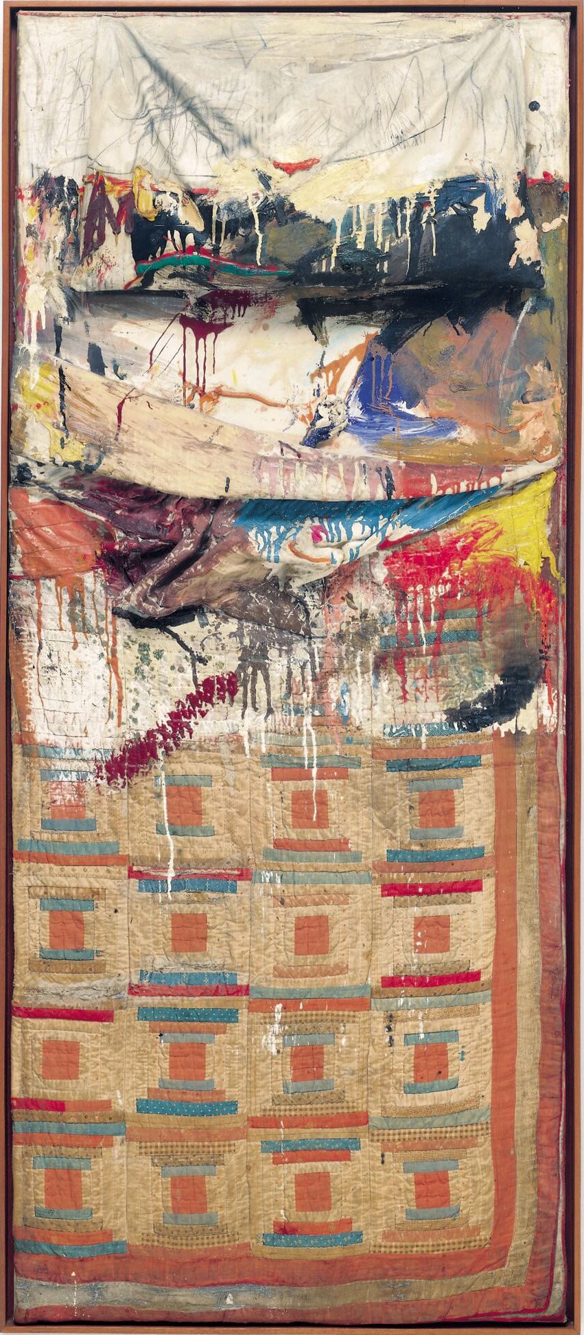 “Bed” by Robert Rauschenberg is an abstract artwork resembling a made bed hanging on a wall with one corner untucked. There are doodles and drippings of colorful paint splashed on the bedding. Various real-world objects, including a pillow and a quilt, are attached to the canvas.