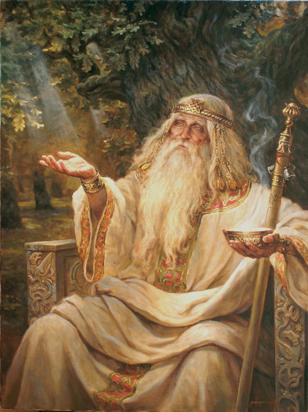 The Slavic deity Belobog sitting in a golden throne and holding a smoking cup. A ray of light is shining on his hand.