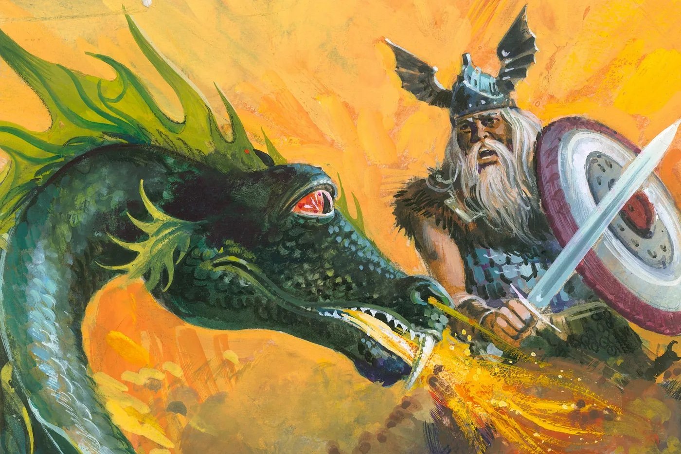 Prince Beowulf fighting a dragon, a sword and shield in his hands and a winged helmet on his head. The dragon is breathing fire.
