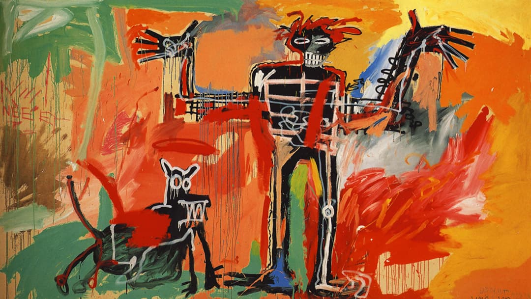 This is a depiction of “Boy and Dog in a Johnnypump”, a large, vibrant painting by Jean-Michel Basquiat. The main figures, a skeletal Black boy and his dog, stand in the middle of a canvas painted with warm hues of reds, oranges, and yellows. They are in the midst of a spray, symbolizing an open fire hydrant, known colloquially in New York as a “johnnypump”.