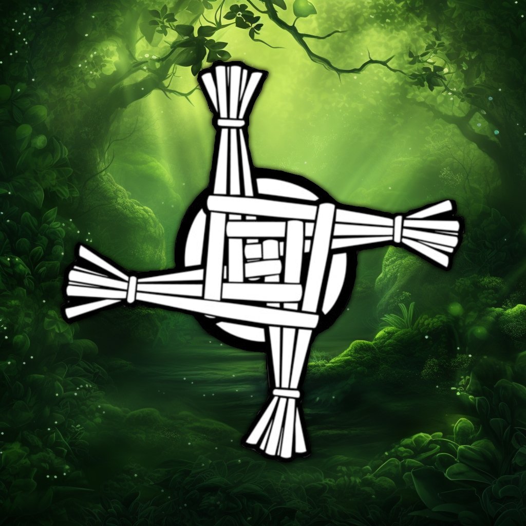 Brigid’s Cross illustration intricately woven from straw, on a green forest background.