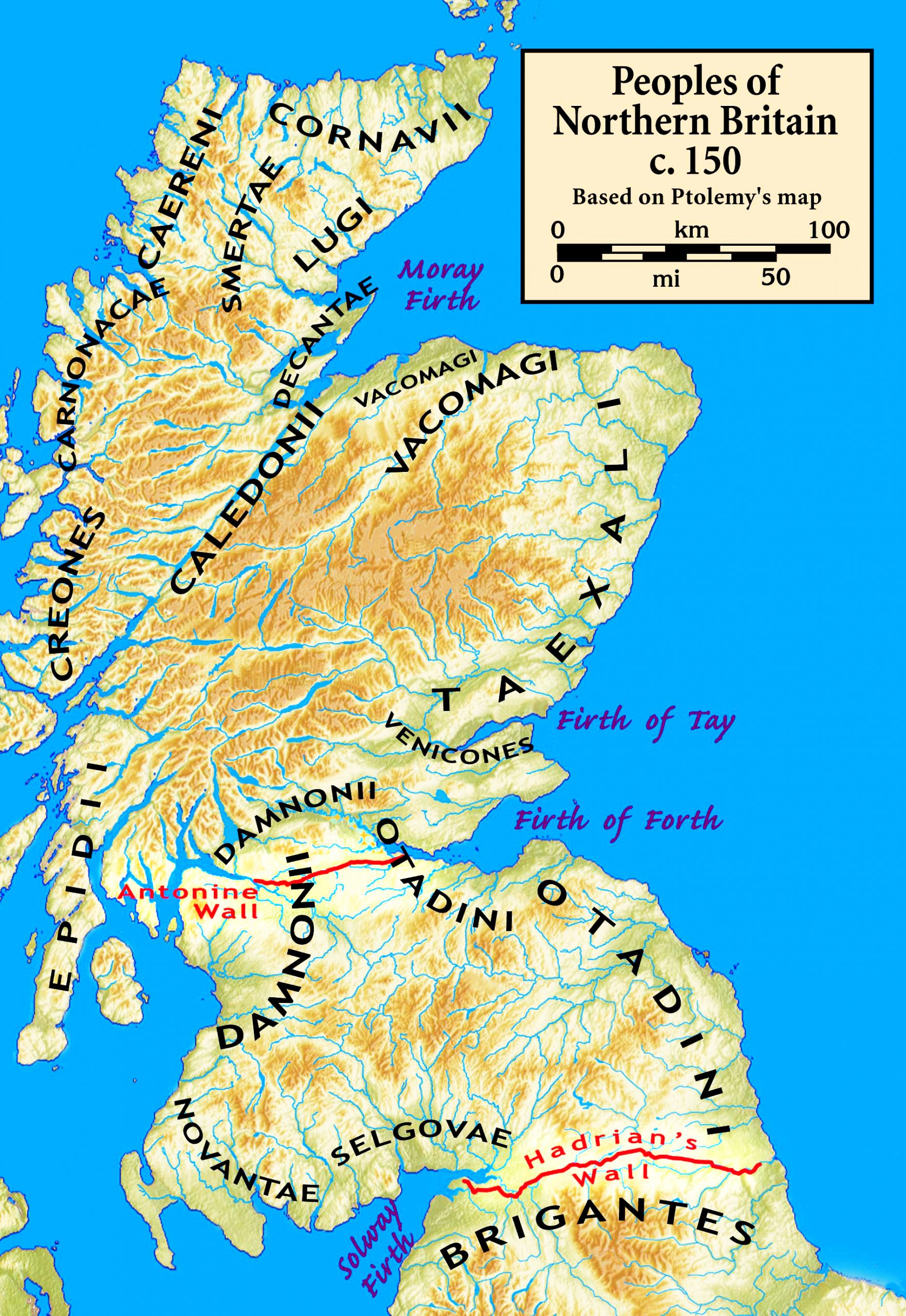 A map of Northern Britain based on Ptolemy’s 150 CE map, showing the locations of different peoples in a blue and yellow color scheme. The map has a scale, a legend, and labels for different regions. It is also showing the locations of Antoine and Hadrian’s walls in red.