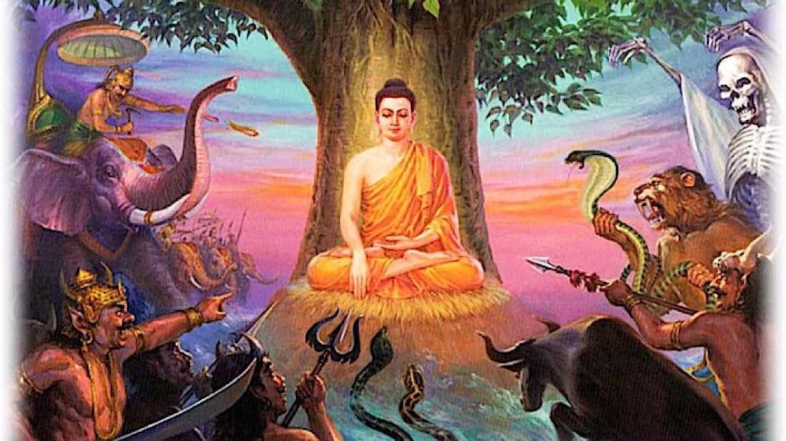 An Illustration of Buddha sitting under a tree, touching the earth. Buddha is surrounded by desirous forces represented as wild animals, fighters and a skeleton.