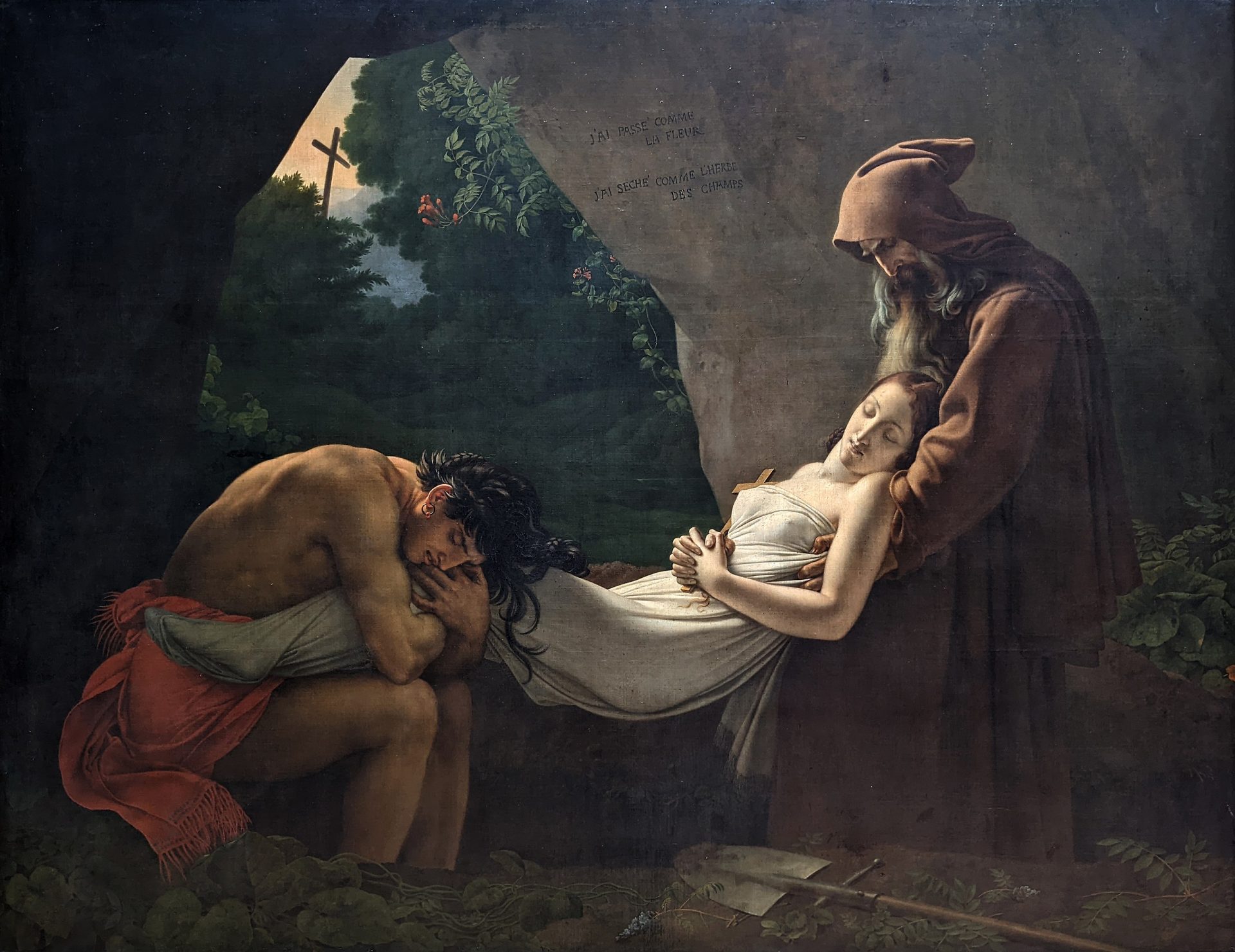 A painting of a young woman being buried in a cave with a young man hugging her legs.