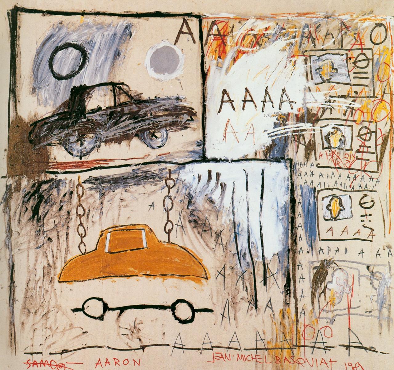 An abstract painting titled “Cadillac Moon” by Jean-Michel Basquiat, featuring multiple disjointed images including a fleet of TV screens displaying varied faces on the right and an abstractly drawn Cadillac on the top left of the canvas. The painting also features Basquiat's trademark SAMO© tag crossed out, as well as a vague reference to baseball icon Hank Aaron. The color scheme is primarily bright, with bold strokes and disorganized patterns, reflecting the chaotic nature of a TV broadcast and the artist's early experimentation with style.