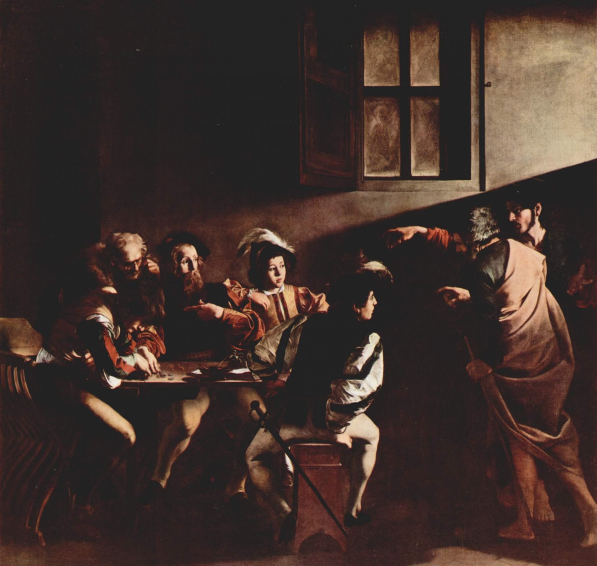 In the painting by Caravaggio, Matthew the tax collector is seated at a table, accompanied by four other men. Jesus Christ and Saint Peter make their entrance into the room, with Jesus gesturing towards Matthew. A beam of light shines upon the faces of those at the table, whose gazes are directed at Jesus Christ.