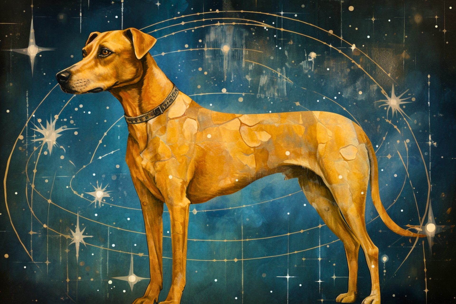 An illustration of a golden dog on a background of stars, representing the constellation Canis Major.