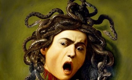 The severed head of Medusa, a woman with snake hair, is the subject of this painting. She looks terrified and agonized, with blood gushing from her cut neck. Her eyes and mouth are wide open, as if she is screaming. The snakes on her head are different colors of green, brown, and gray, and they coil and slither around her. The painting has an olive-green background. The painting depicts a scene from a Greek myth, where Perseus, a hero, slayed Medusa by using a shield that reflected her gaze, which could turn anyone to stone. The painter, Caravaggio, also made this painting a self-portrait, by using his own face as the model for Medusa.
