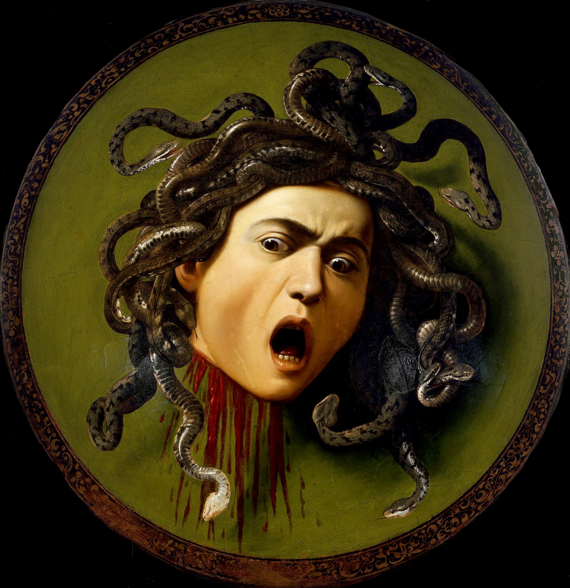 A painting of a severed head of a woman with snakes for hair. The woman’s face is distorted in horror and pain, as blood spurts from her neck. The painting is on a round wooden shield, and the woman’s eyes and mouth are wide open. The snakes are various shades of green, brown, and gray, and they twist and curl around the woman’s head. The background is dark and indistinct. The painting is based on a Greek myth in which the woman, Medusa, was killed by the hero Perseus, who used a mirrored shield to avoid her petrifying gaze. The painting is also a self-portrait of the artist, Caravaggio, who used his own face as a model for Medusa.