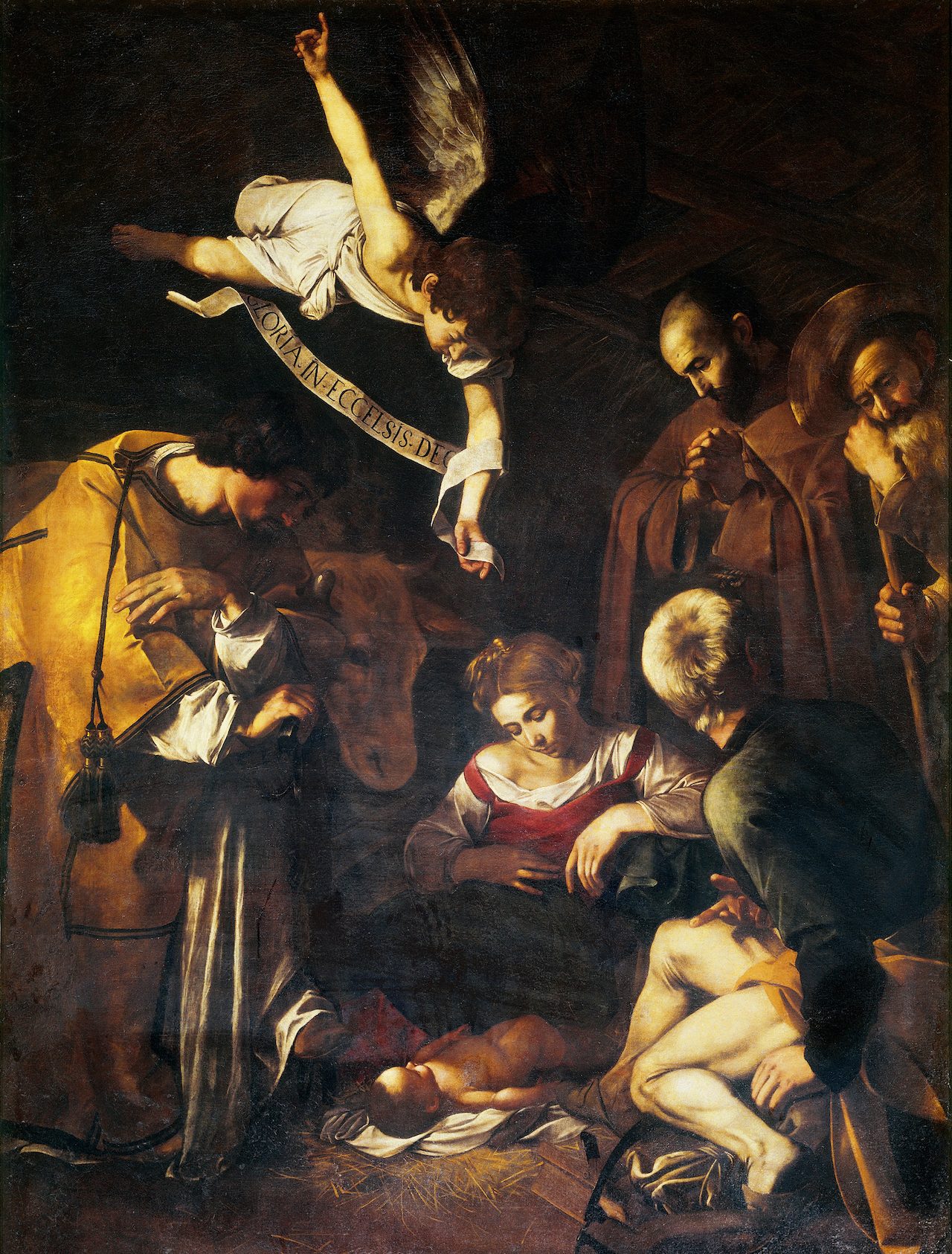 The image is a painting of the nativity scene. It depicts Mary, Joseph, and the baby Jesus lying in a manger surrounded by shepherds and angels. The shepherds are adoring the baby, while the angels are hovering above them. The scene is illuminated by a bright light shining from above. The painting is done in a realistic style with attention to detail in the clothing and facial expressions of the figures. The colors used are muted and earthy, giving the scene a warm and cozy feel. The overall effect is one of peace and serenity.