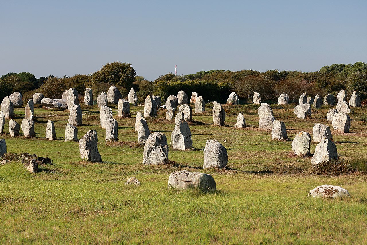 A photograph of a large field with many large stones positioned throughout it. The field is covered in tall green grass and there are trees in the background.