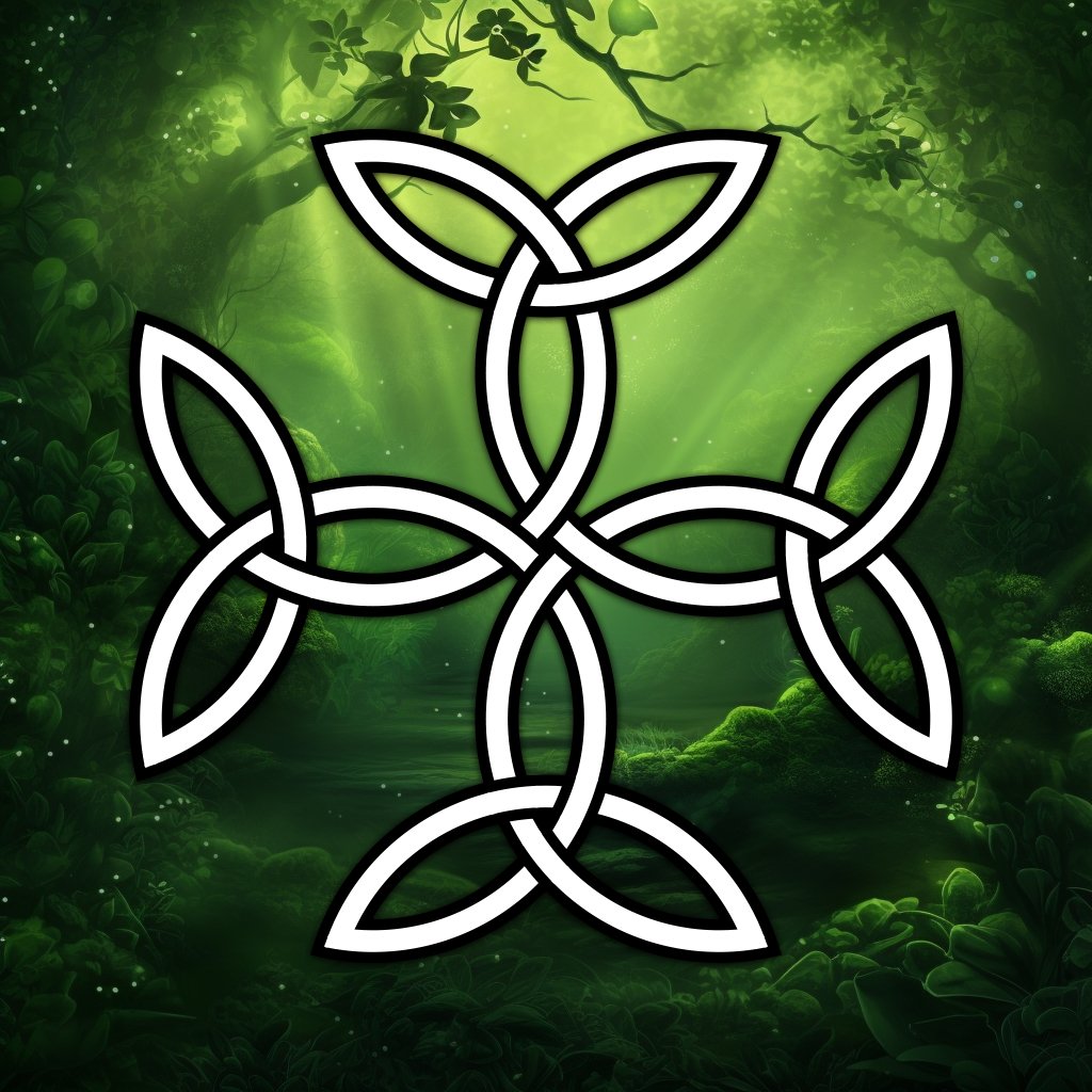 A white Cross of Triquetras – an intricate symbol composed of four triquetras on a green forest background. Each triquetra is an interlocking loop forming a three-pointed shape. The Carolingian Cross is a christian symbol representing Christ's sacrifice and resurrection, combined with the pagan concept of the tree of life.
