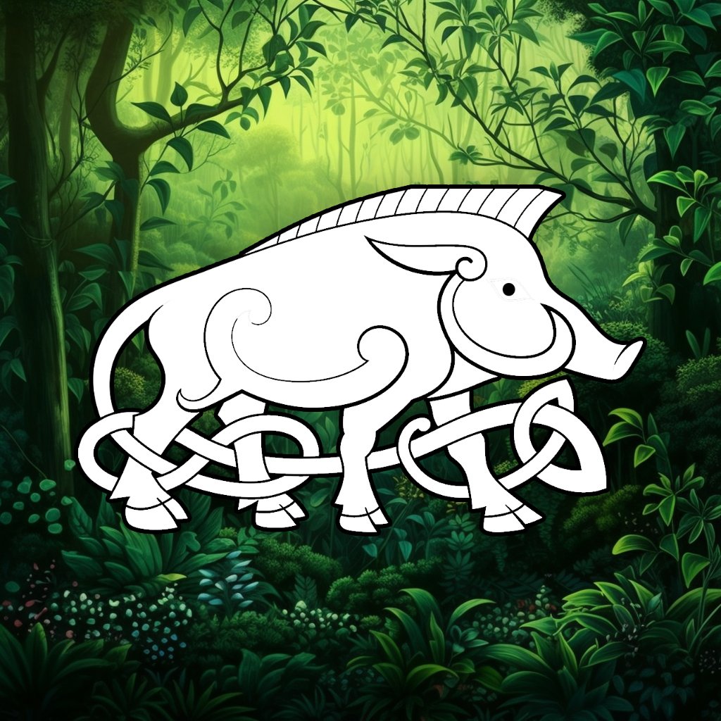 A white Celtic boar symbol made of interlocking lines and curves on a green forest background. The background shows a lush and misty forest with trees and bushes. The image has a magical and mystical mood with a green color palette.