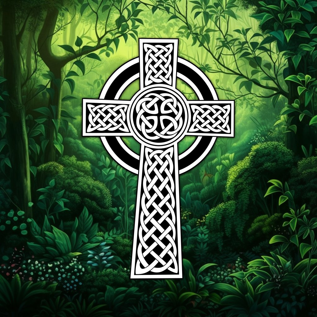 A white Celtic cross with a circle around the intersection of the arms, decorated with intricate knotwork patterns that symbolize the continuity of life and faith, on a green forest background.