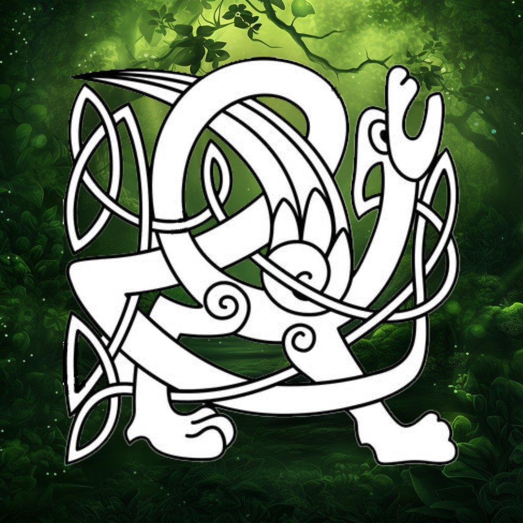 A white Celtic knot Griffin with head and wings of an eagle and the body and tail of a lion and an open mouth on a green forest background.