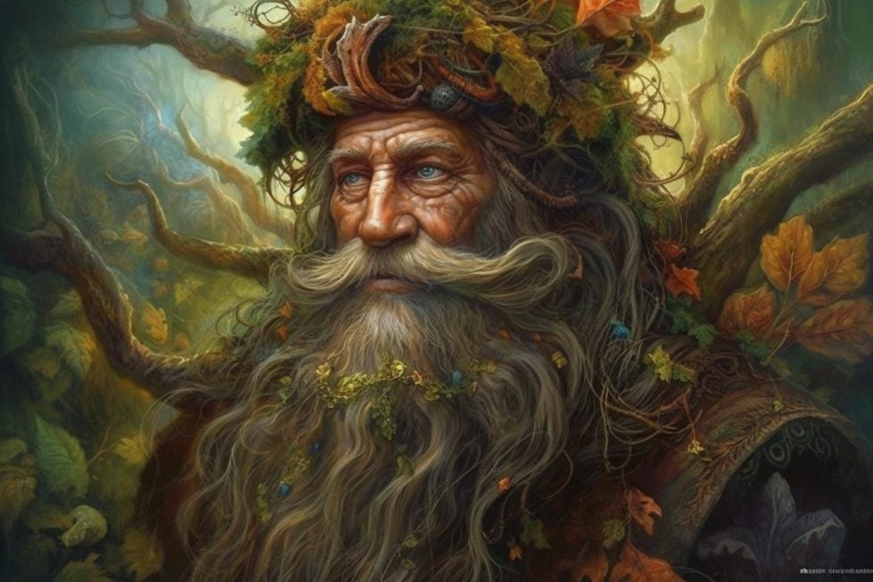 A druid in a mystical forest, covered in greenery