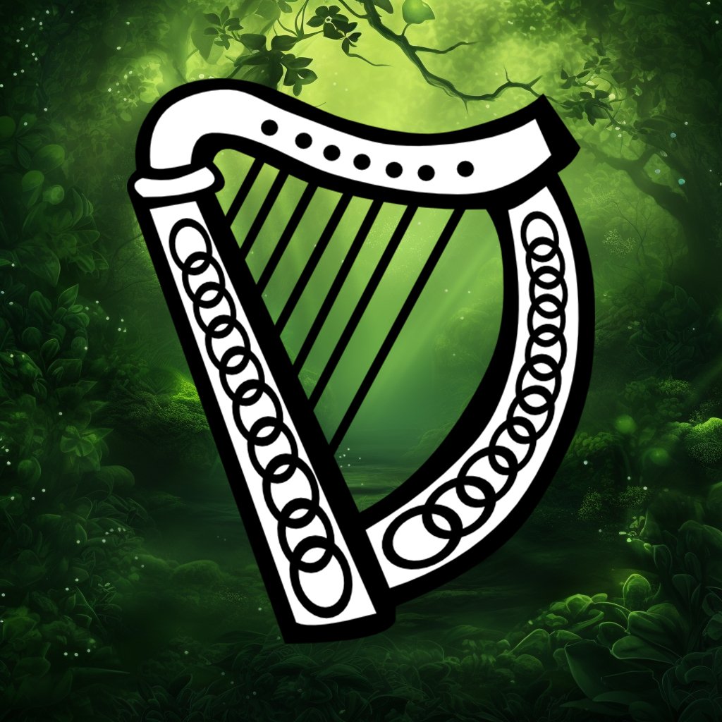 A logo of a Celtic harp, a traditional Irish symbol of music, culture and sovereignty, on a green forest background. The logo shows a black and white harp facing right.