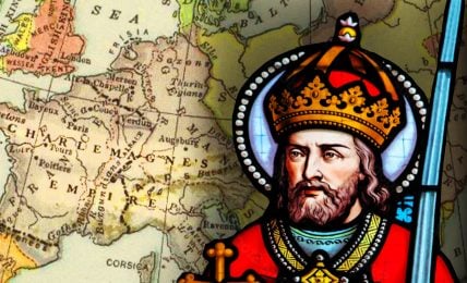 A collage of a Stained Glass Charlemagne on top of a map showing the Charlemagne’s Empire