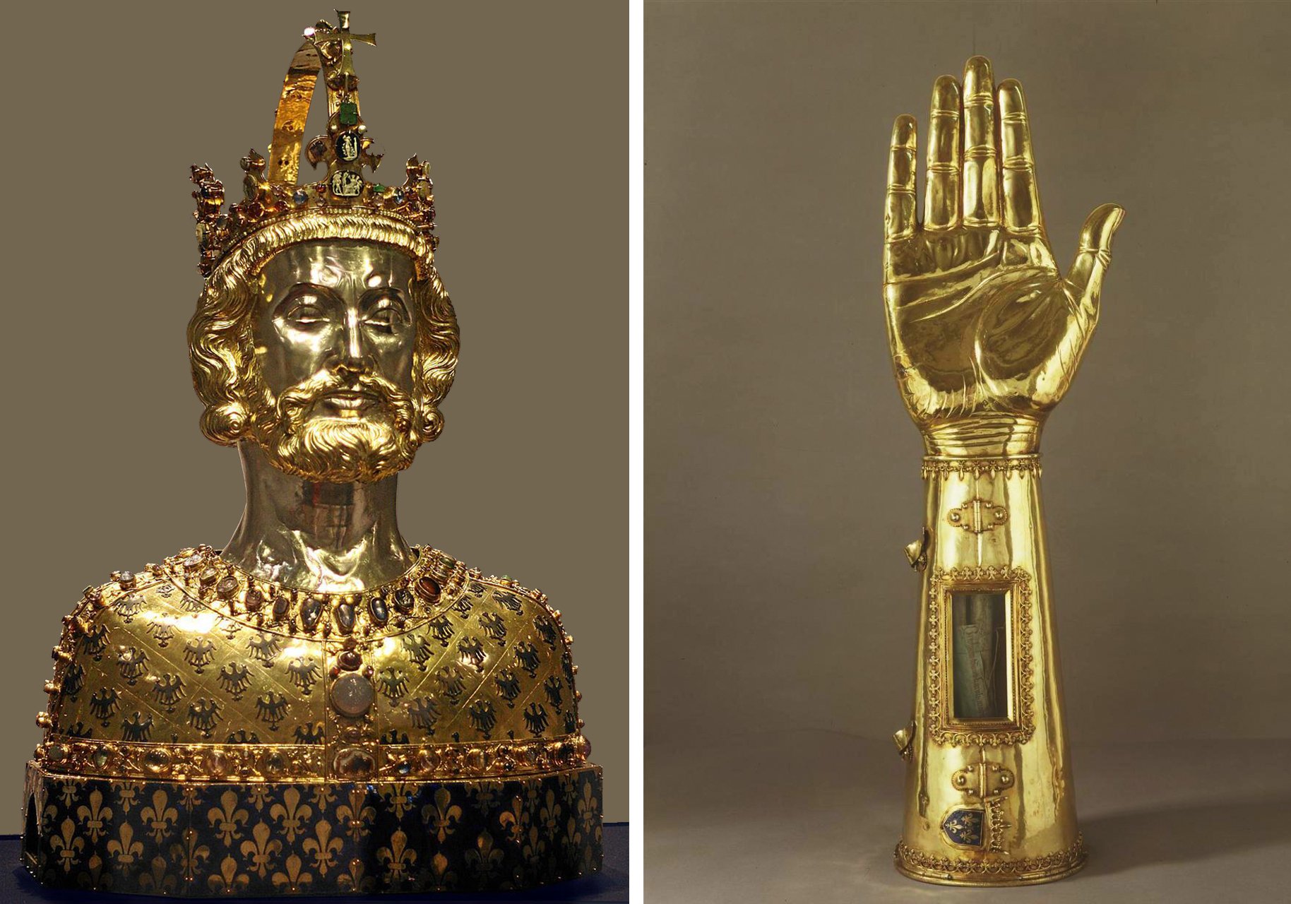 A photo of two golden reliquaries of Charlemagne, a medieval king and emperor. On the left, a golden bust of Charlemagne with a crown, a beard, and a tunic decorated with eagles and jewels. On the right, a golden hand of Charlemagne. Both reliquaries are believed to contain parts of Charlemagne’s bones.