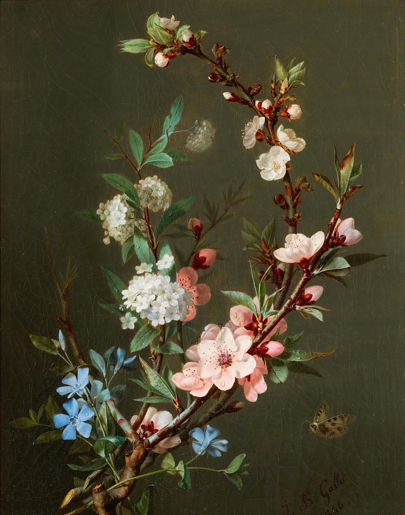 A Still Life With Branches Of Cherry Blossom, Periwinkle And Viburnum Together With A Butterfly